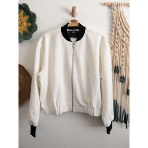 HAVVA White Black Zip Up Textured Bomber Jacket Large